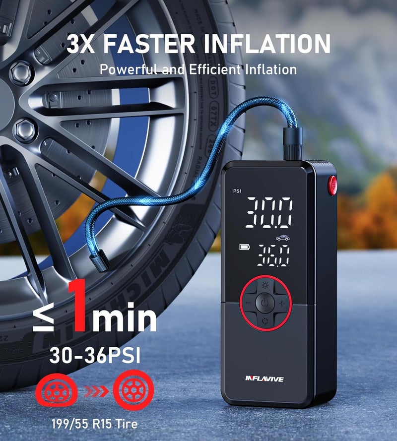 InflaVive Tire Inflator Portable Air Compressor, 3X Fast Inflate Cordless Air Pump for Car Tires with LED Light, 150PSI Portable Electric Pump with Digital Pressure Gauge, for Bike Motorcycle Car Ball - Image 2